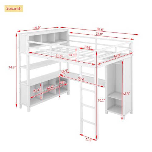 Harper & Bright Designs Full Size Loft Bed with Wardrobe and L-Shaped Desk, Metal Loft Bed with Storage Cubes, Cabinet, Shelves for Kids Teens, White