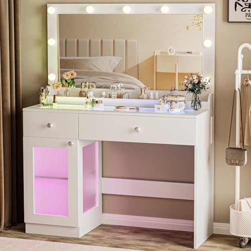 Vanity Desk with Large Mirror and Lights