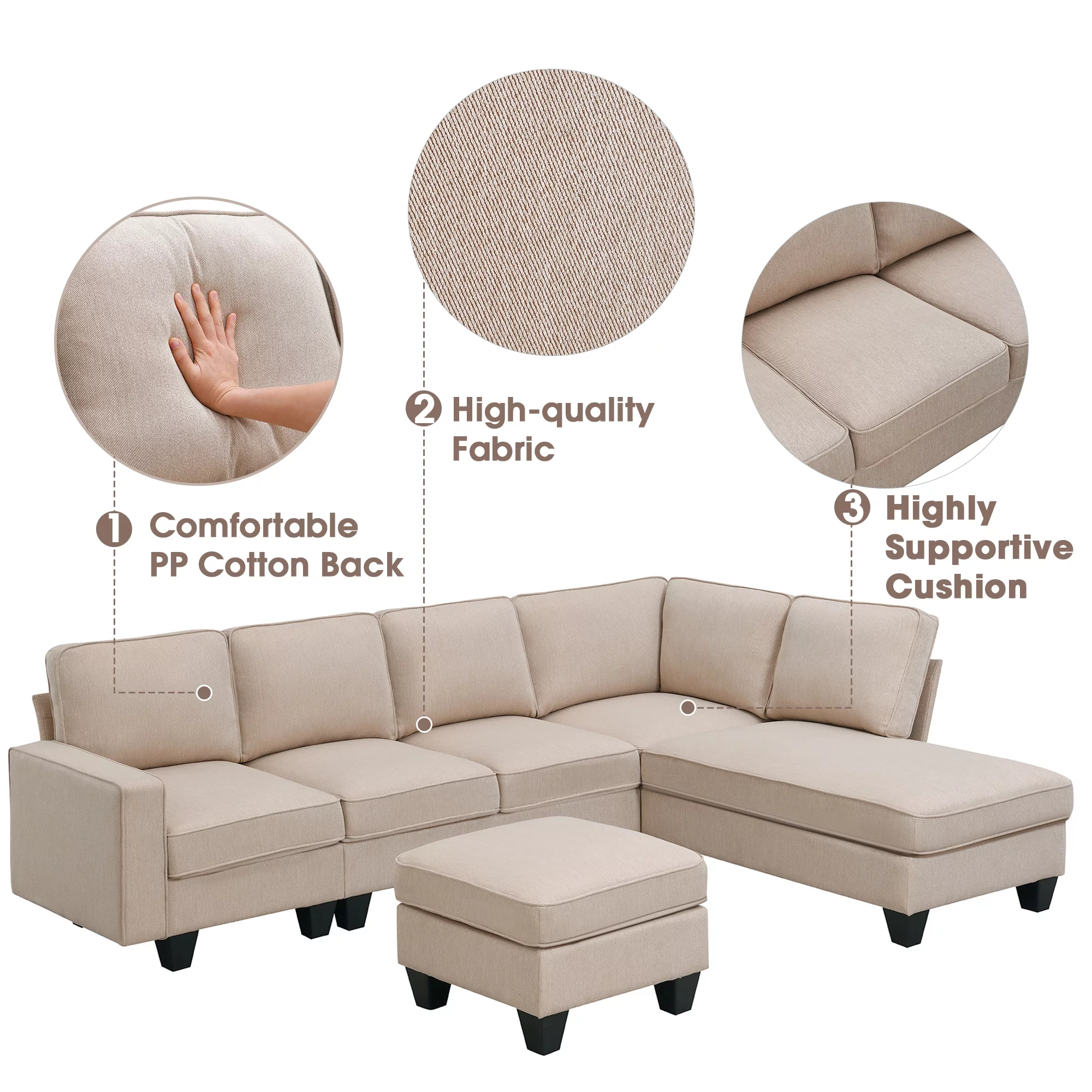 Modern L Shaped Sectional Sofa, 7 Seater Linen Modular Couch with Chaise Lounge and Convertible Ottoman for Living Room Office - Radiant Selections