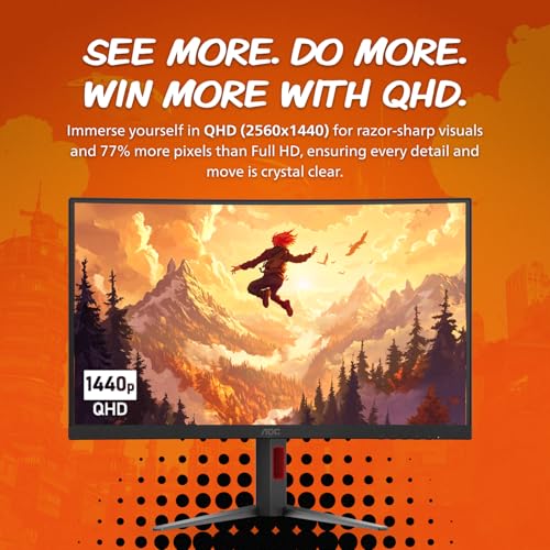 AOC CQ32G4VE 32" Curved Frameless Gaming Monitor 2K QHD, 1500R Curved VA, 180Hz, 0.5ms Response Time, 2X Display Port, 2X HDMI