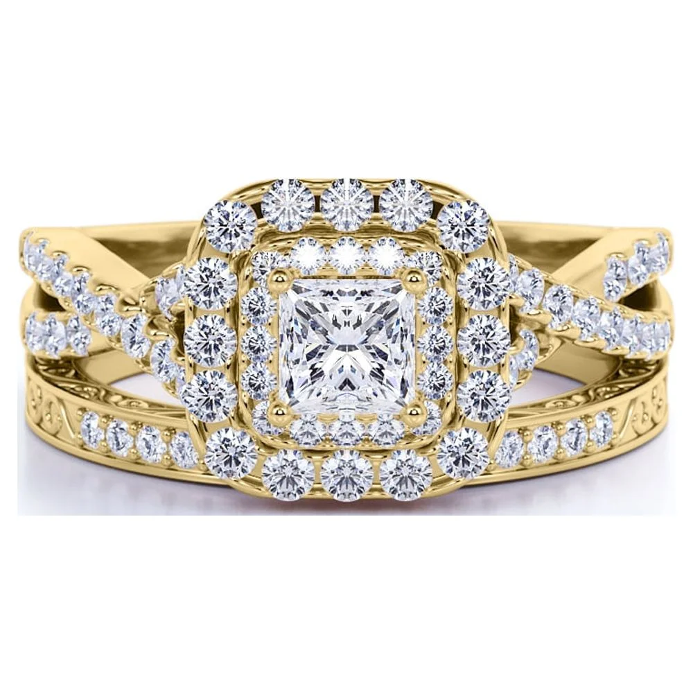 1.25 ct - Square Moissanite - Double Halo - Twisted Band - Vintage Inspired - Pave - Wedding Ring Set in 18K Yellow Gold over Silver