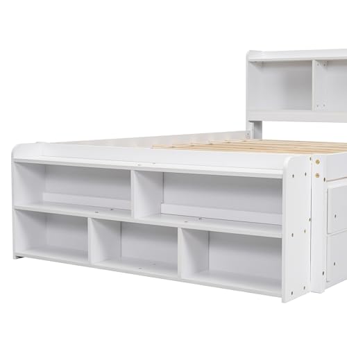 SOFTSEA Full Size Platform Bed with Storage, Platform Bed with Drawers and Bed End Case, Wood Platform Bed Frame with Storage Bookcase Headboard