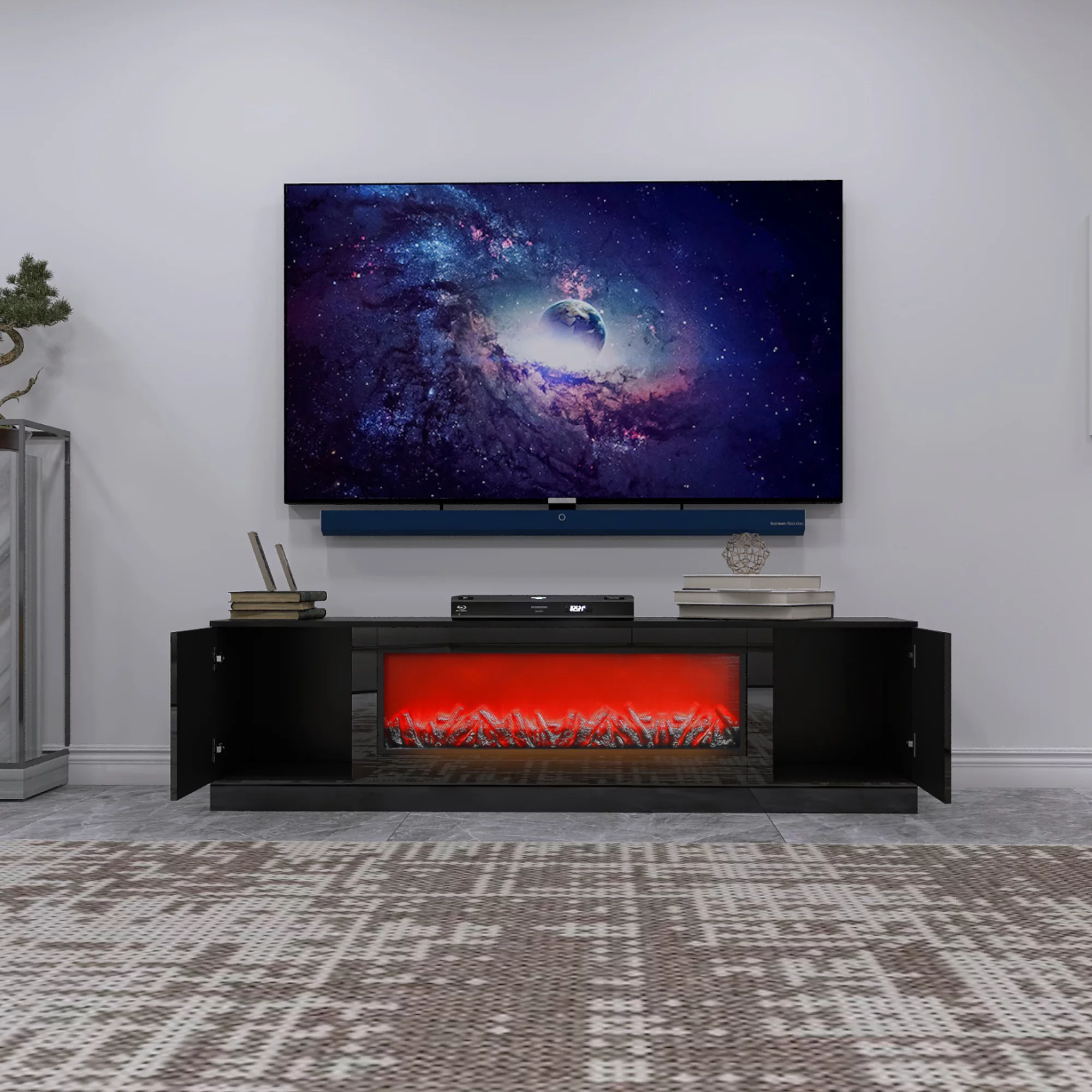 Modern Black Electric Fireplace TV Stand - Wood Texture, High Glossy Surface - No Heating, Removable Partition (1 Box)