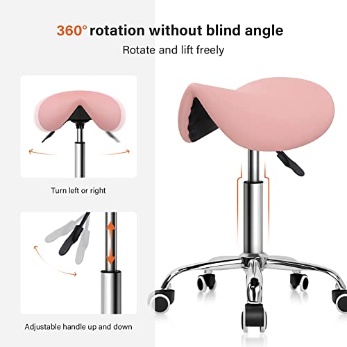 KKTONER Rolling Saddle Stool PU Leather Swivel Adjustable Rolling Stool with Wheels Salon Chair Black