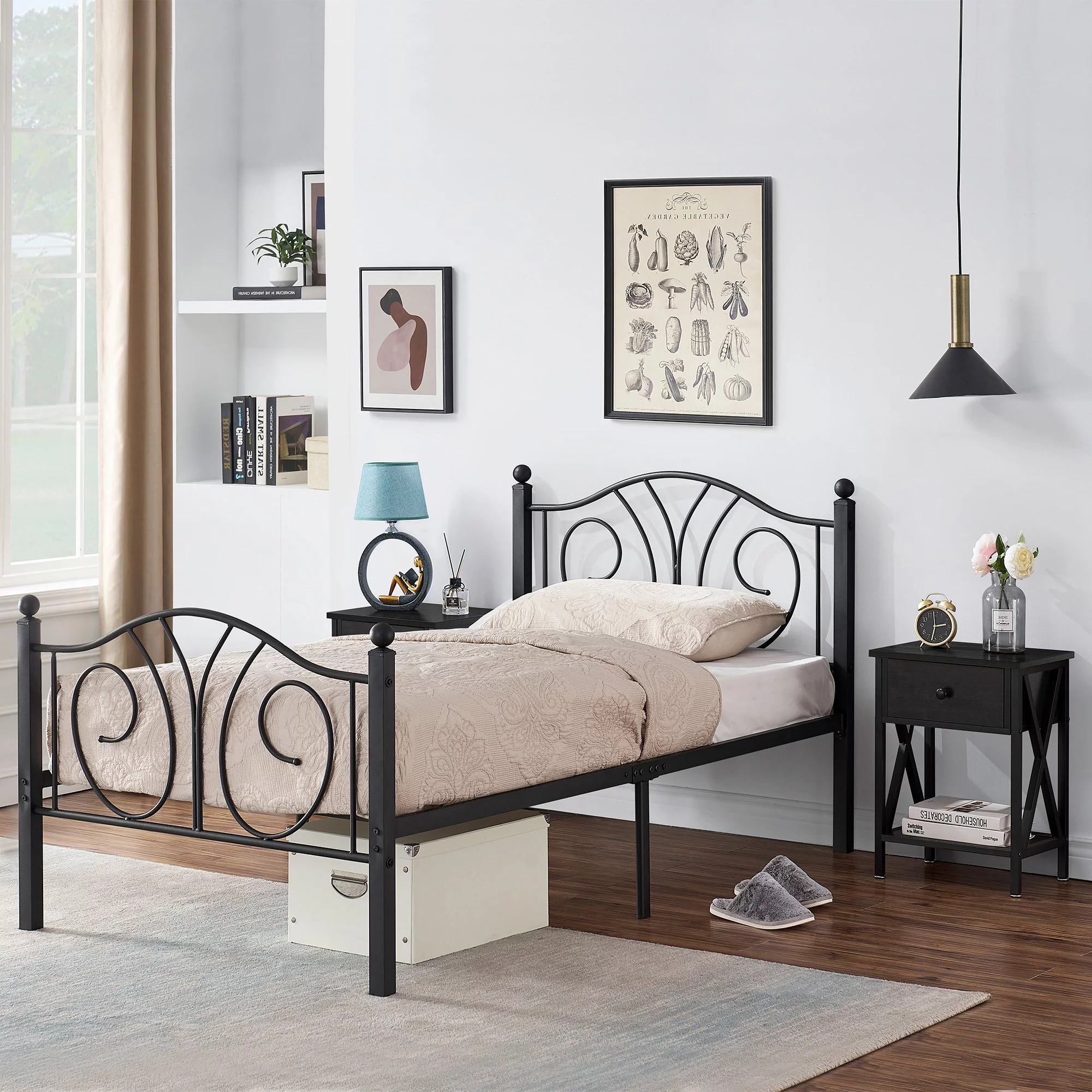 3-Piece Bedroom Sets, Twin Size Metal Bed Frame and 2 Black Nightstands