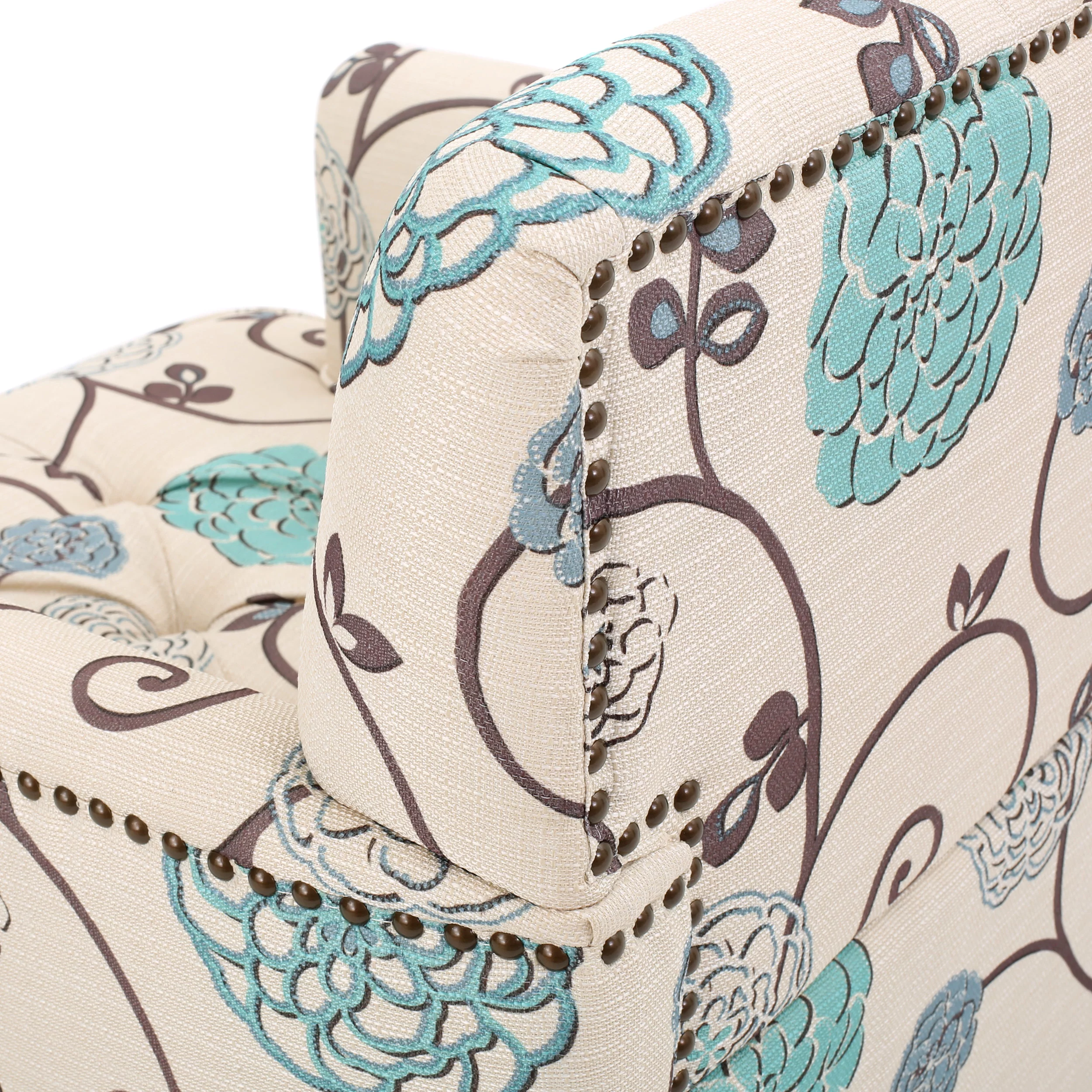 GDF Studio Aurelia Contemporary Tufted Club Chair, Blue and Light Beige Floral Fabric and Dark Brown