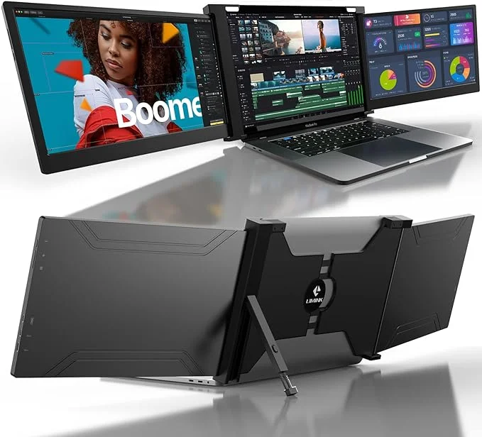 LIMINK Portable Triple Monitor, 14" FHD HDR IPS Screen Extender for 15-17" Laptop, Tri Screen Monitor Workstation, Plug&Play