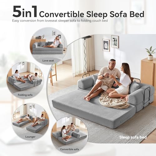 Convertible Sleeper Sofa Bed with Cylindrical Pillow, Comfy Foldable Sofa Bed Compressed Sofa in Box