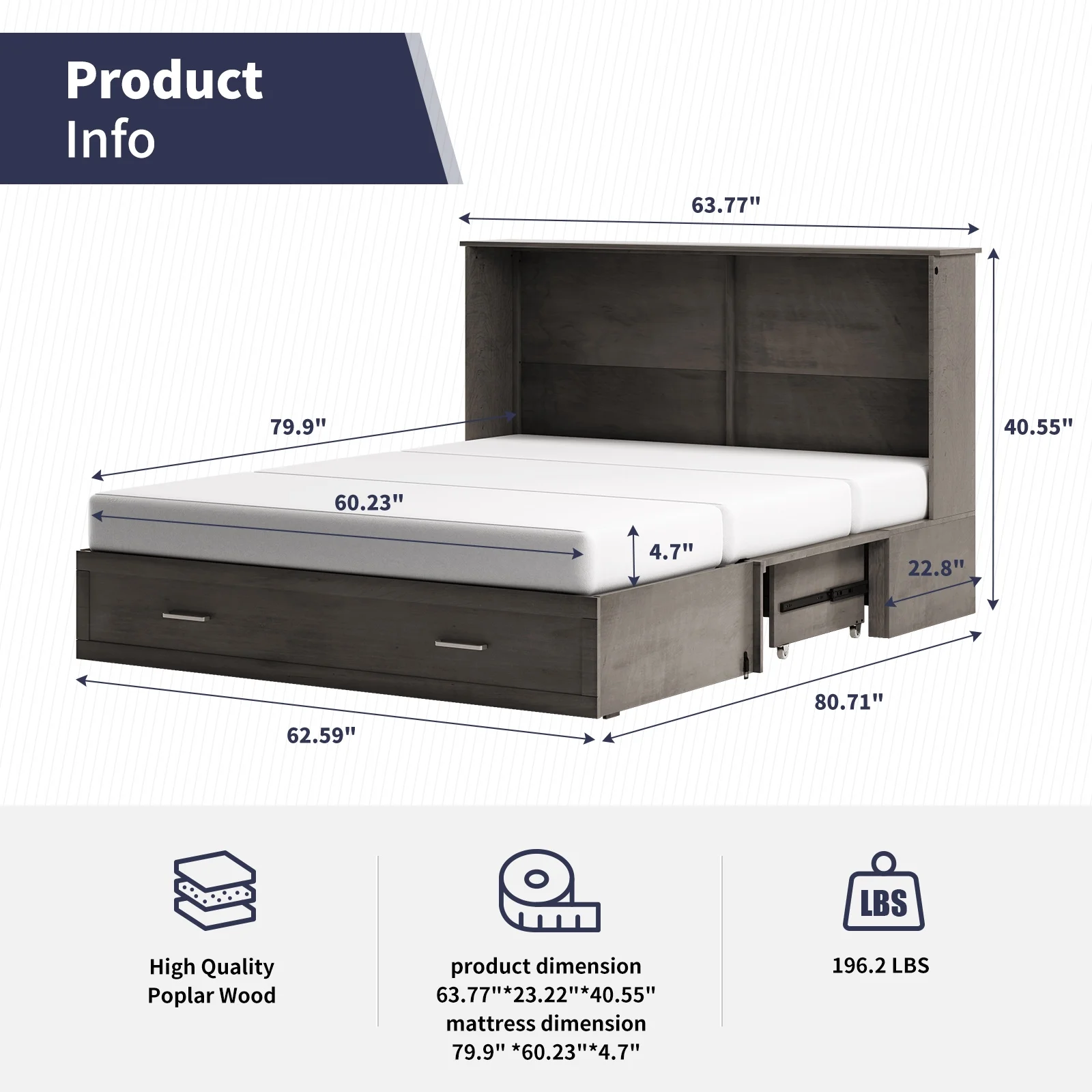 ZAFLY Murphy Cube Cabinet Bed with USB Charging Station, Murphy Bed Cabinet with Large Drawer & Folding Mattress