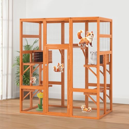 COZIWOW 70Inches Large Stable Spacious Wooden Catio Outdoor Cat Enclosure with Perches and Condos, Cat Cage Indoor with Waterproof Roof