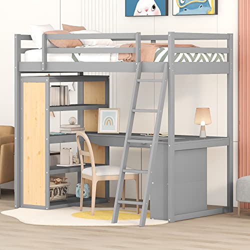 Twin Loft Bed with Staircase, Desk and Wardrobe, Wood Loft Bed with Storage Shelves and Safety Guardrail