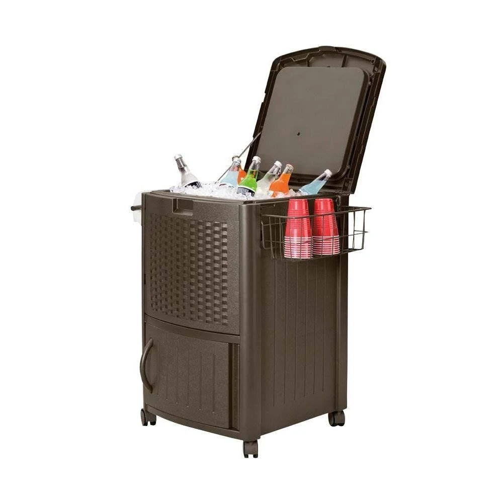 Suncast 77 Quart Resin Wicker Patio Cooler with Cabinet and Wire Basket, Java