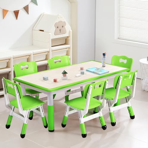 Kids Table and Chairs Set, Height Adjustable Desk with 6 Seats for Ages 2-10,Arts & Crafts Table,Graffiti Desktop, Non-Slip Legs, Max 300lbs