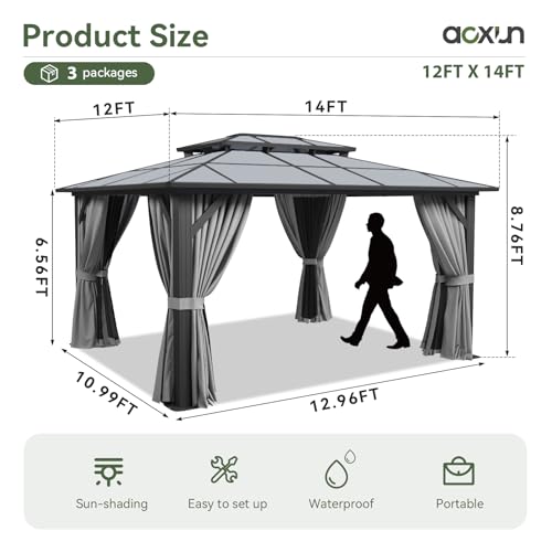 Aoxun 12'x10' Hardtop Gazebo, Aluminum Frame Permanent Pavilion with Curtains and Netting, Outdoor Polycarbonate Double Roof Canopy