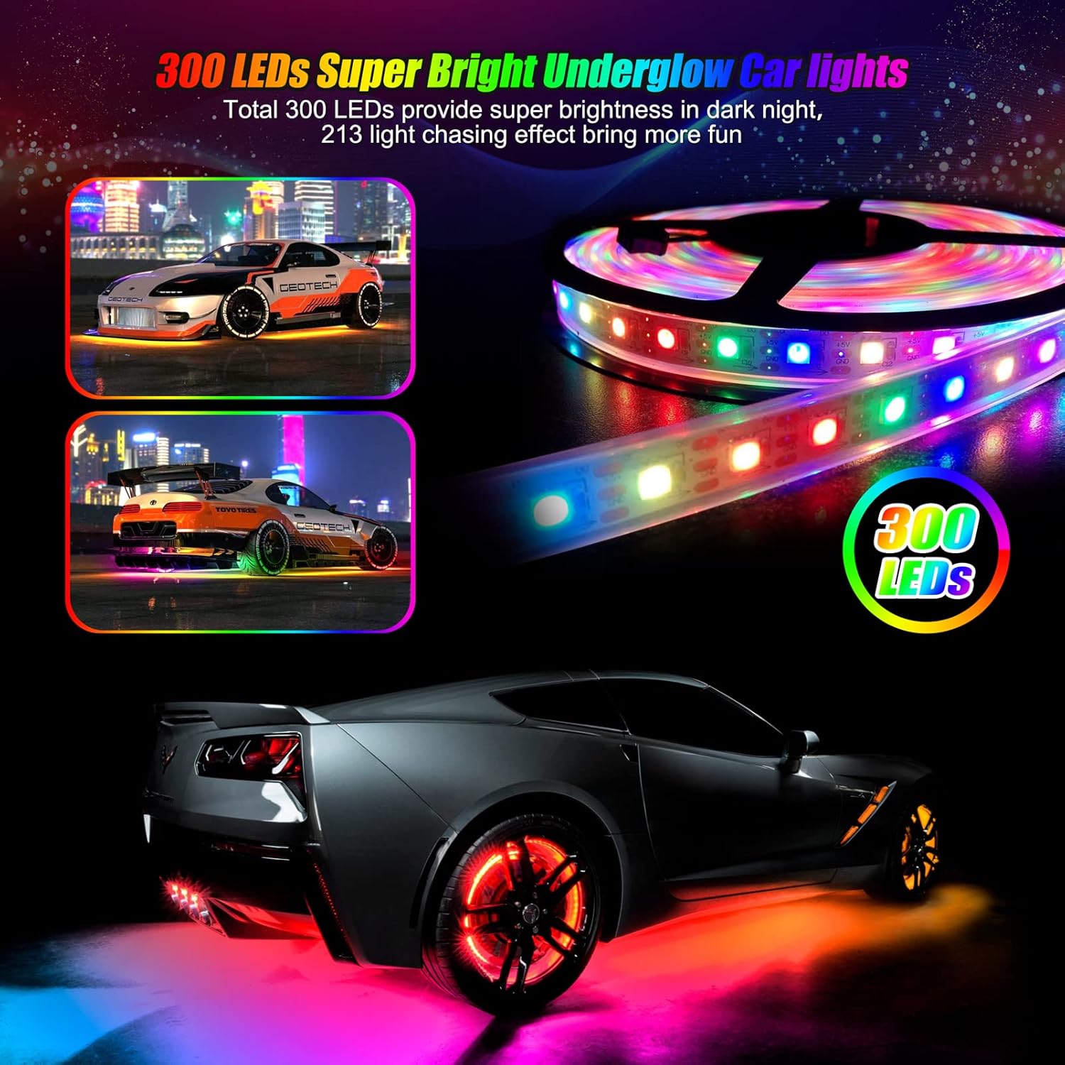 Chipcolor 6 Pcs 300 LEDs Car Underglow Light Kit, APP Control 16 Million Colors, Dual Remote Waterproof MagicRGB Exterior Neon LED Car Lights