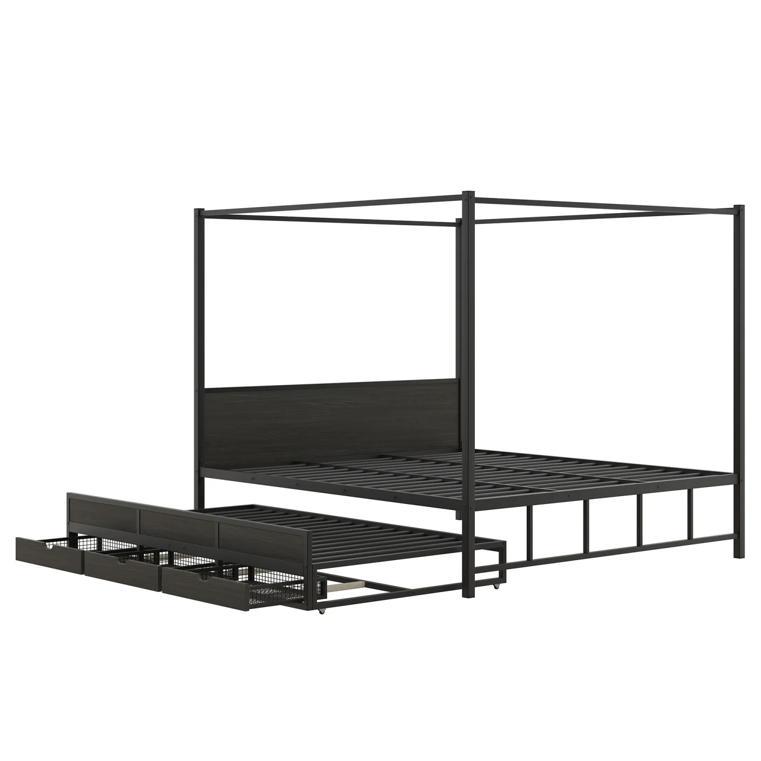 Churanty Queen Size Canopy Platform Bed with Trundle, Metal Four-Poster Canopy Bed Frame with for 3 Storage Drawers for Bedroom,Black