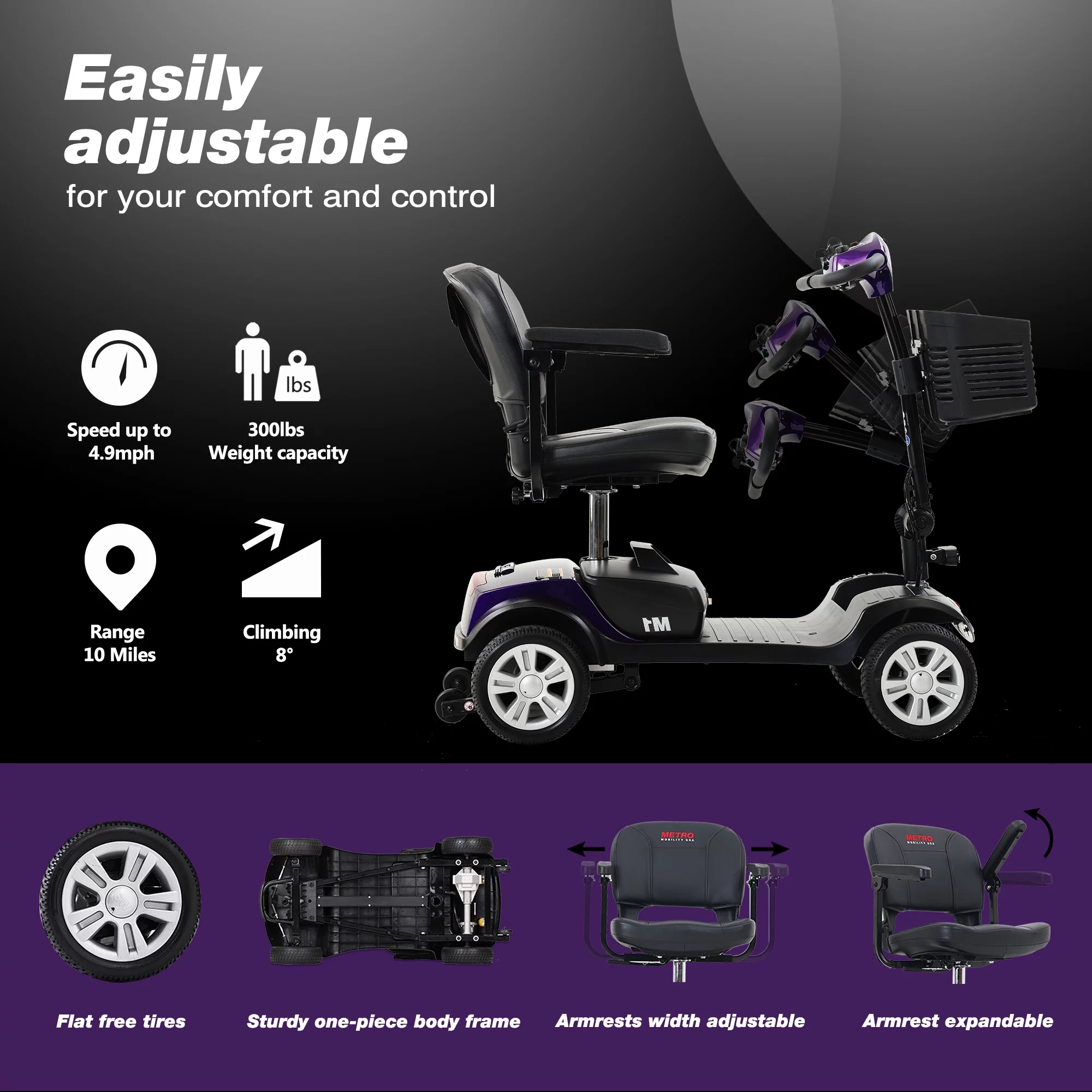 Outdoor Motorized Electric Carts for Senior, Heavy Duty Electric Scooters with 4 Wheel, Sliding Swivel Seat with Flip-Up Armrests for Adults