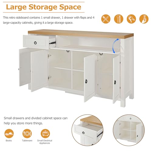 Retro Style Large Storage Space Sideboard Cabinet with Flip Door and 1 Drawer, 4 Height-Adjustable Cabinets for Kitchen, Dining Room