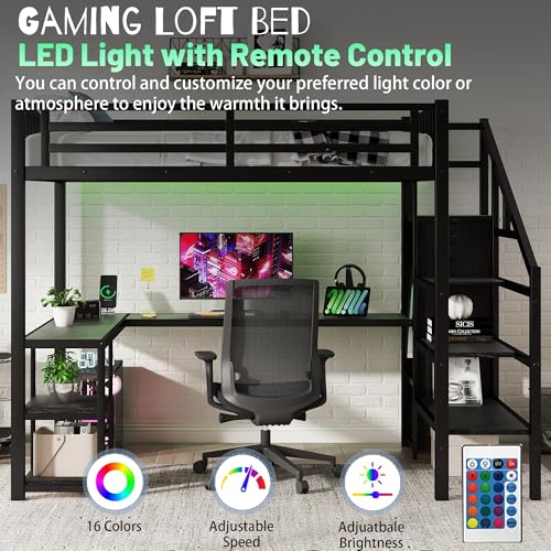 Queen Loft Bed with L-Shaped Desk and Stairs,Metal Queen Size LoftBed with Wardrobe and Adjustable Shelf, Gaming Bed with LED and USB