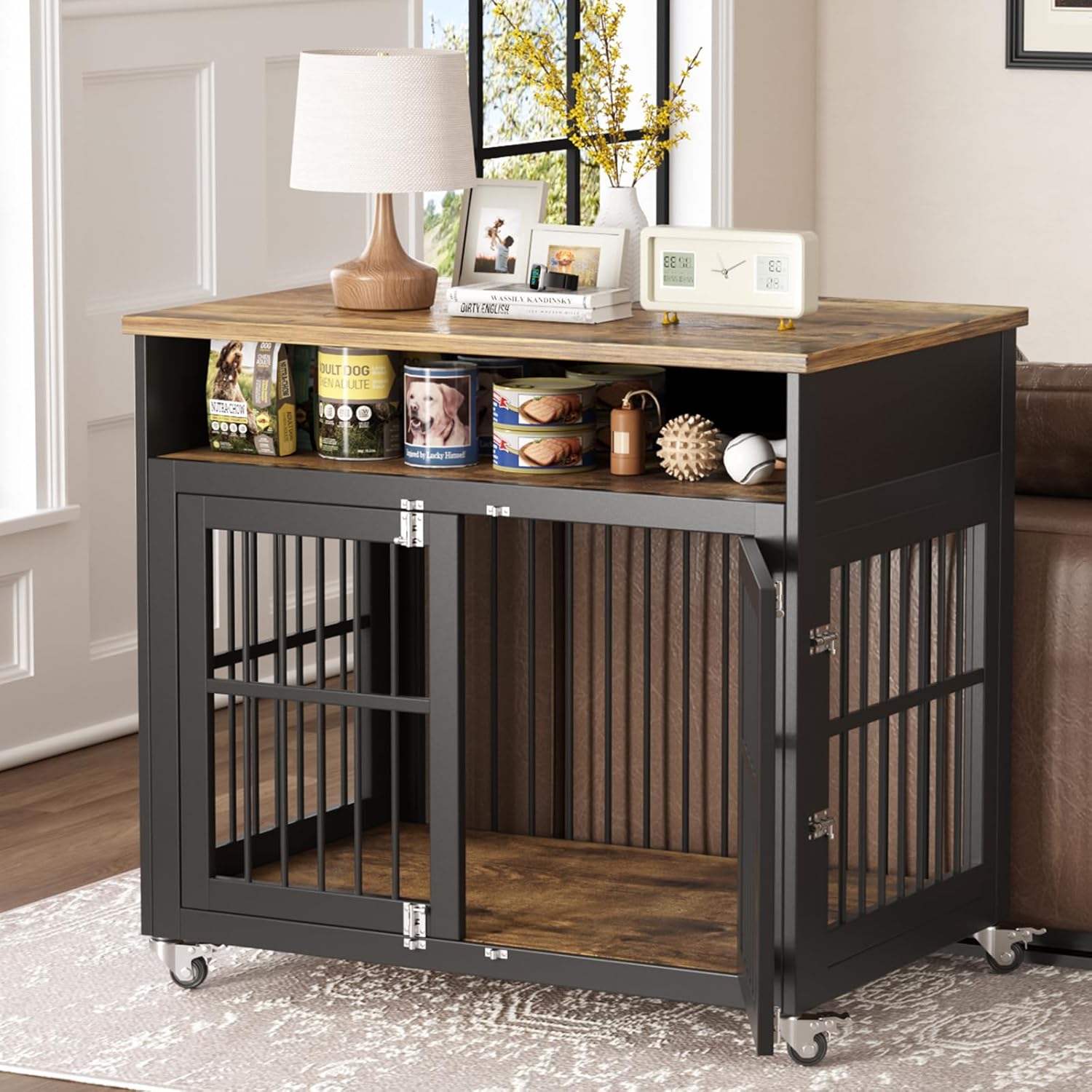 Dog Crate Furniture,39" Dog Kennel Indoor with Wheels, Heavy Duty Wooden Dog Crate for Medium/Large Dogs