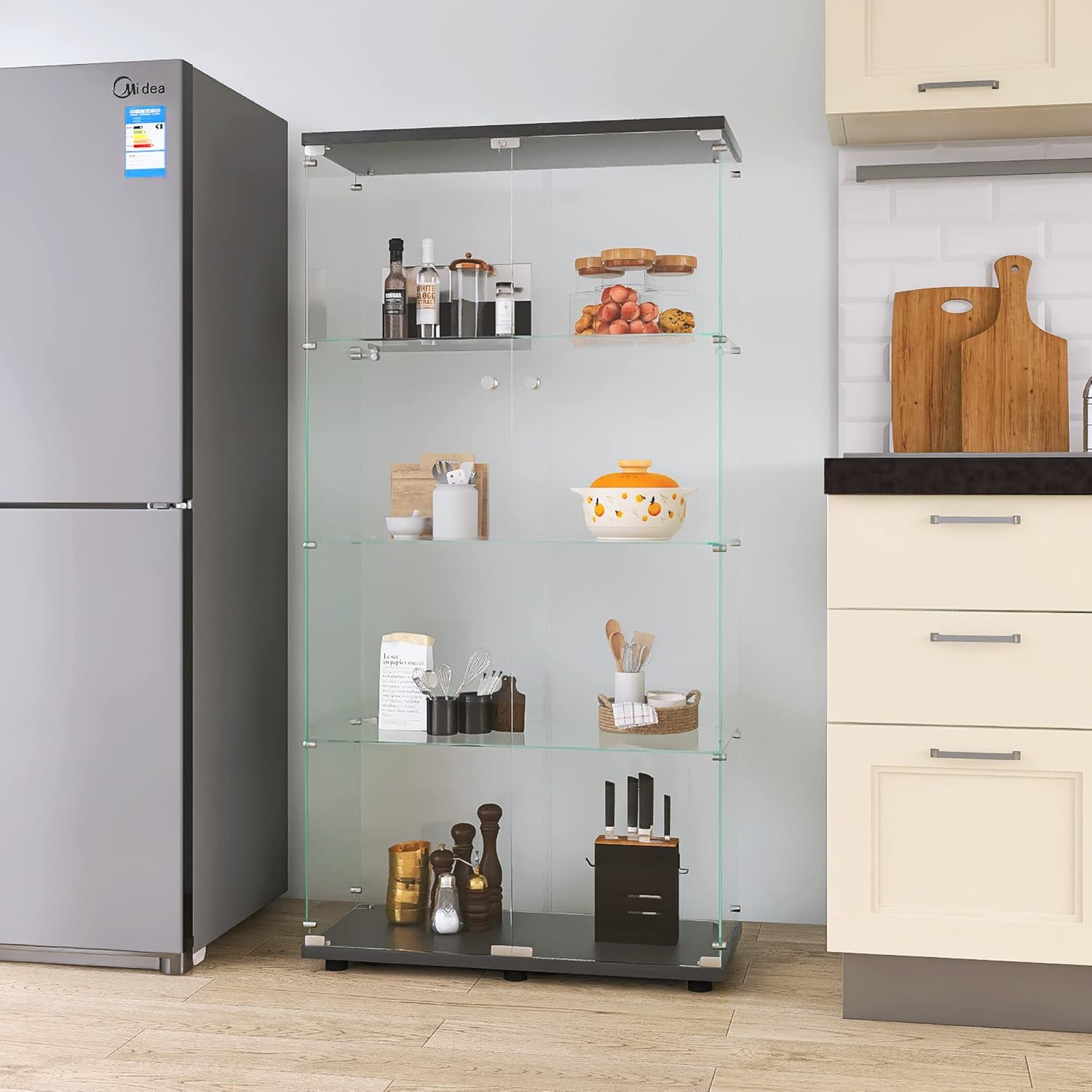 4-Shelf Glass Display Cabinet with Double Door, Fast Installation in 30 Mins, Curio Cabinets 5mm Tempered Glass Floor Standing Bookshelf for Bedroom