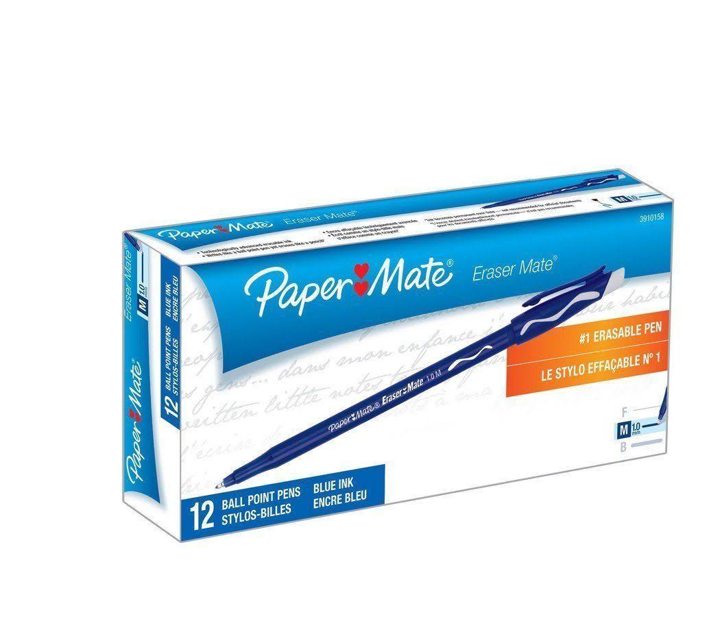 Paper Mate Erasermate Erasable Pen Medium Point Blue 12-Count