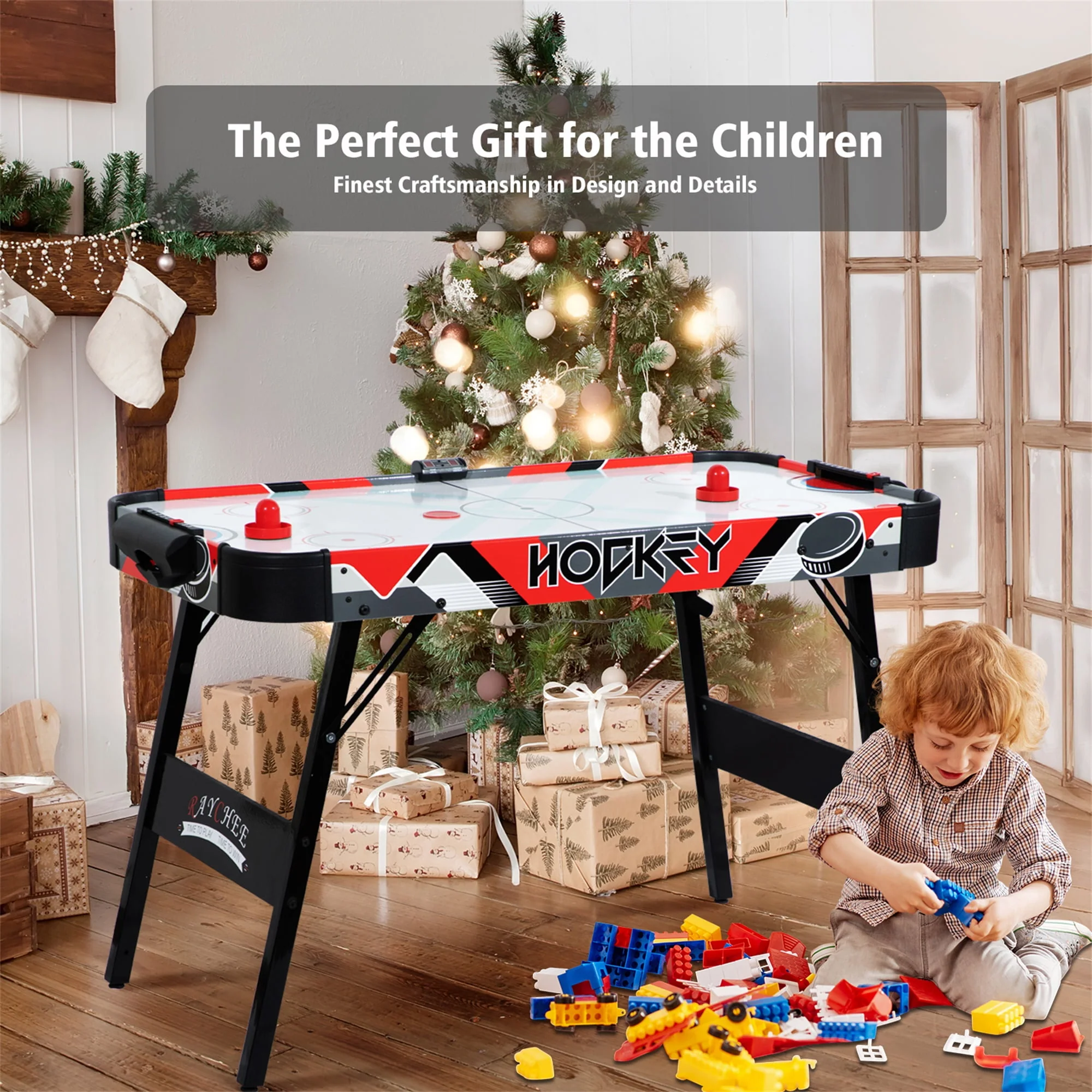 RayChee 48in Foldable Air Powered Hockey Table for Home Game Room w/ 2 Pucks, 2 Pushers, LED Scoreboard, 12V Motor (Oak)