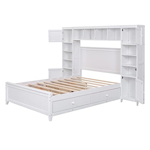 SOFTSEA Full Murphy Bed Wall Beds, Wood White Cabinet Bed 61.5” Foldable Platform Bed with Shelf for Guest Room