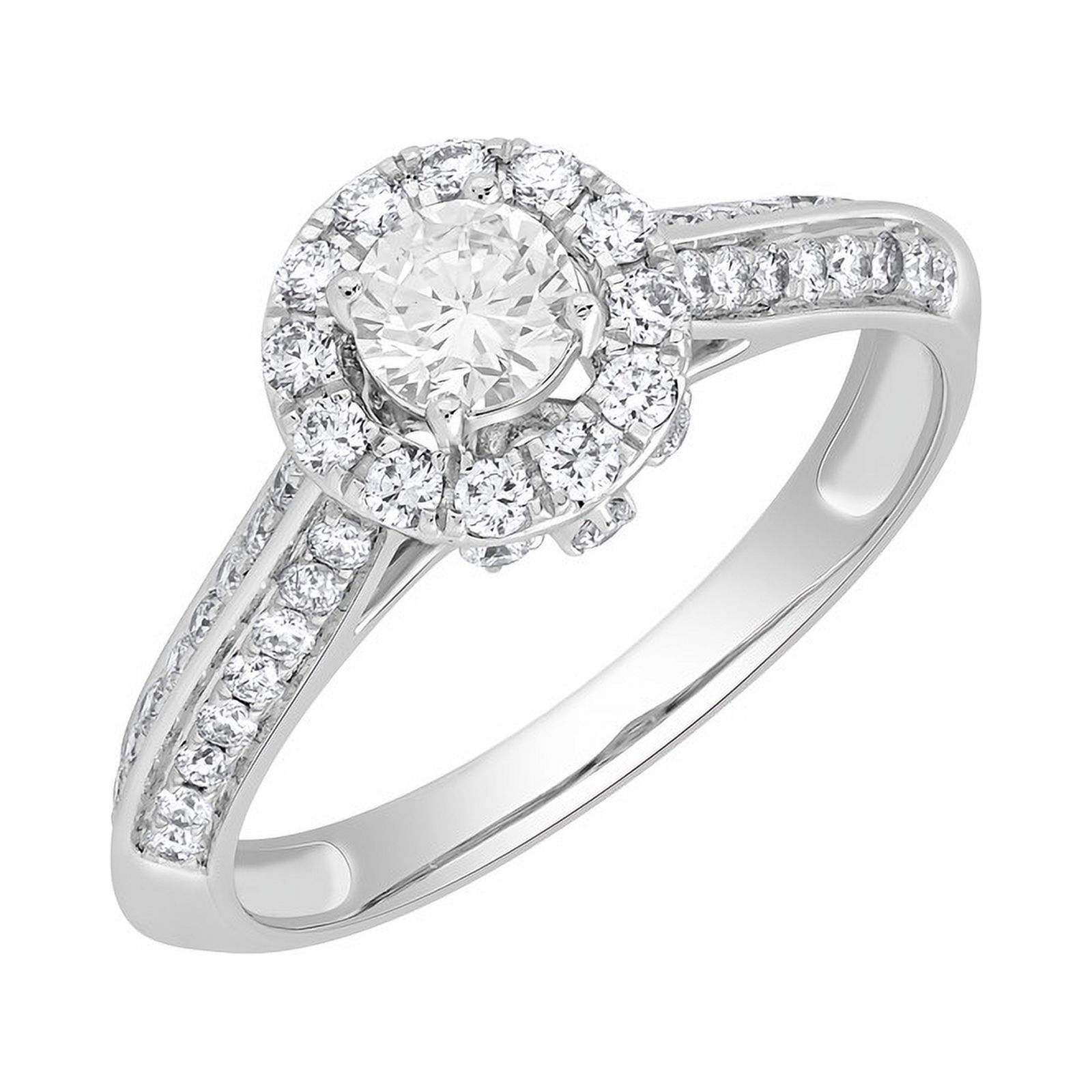 0.75 Cttw Round Cut Lab Created Solitaire Diamond Halo Engagement Ladies Ring with Side Stone |Prong Set |Size-7 | 14KT Solid White Gold | Gifts for