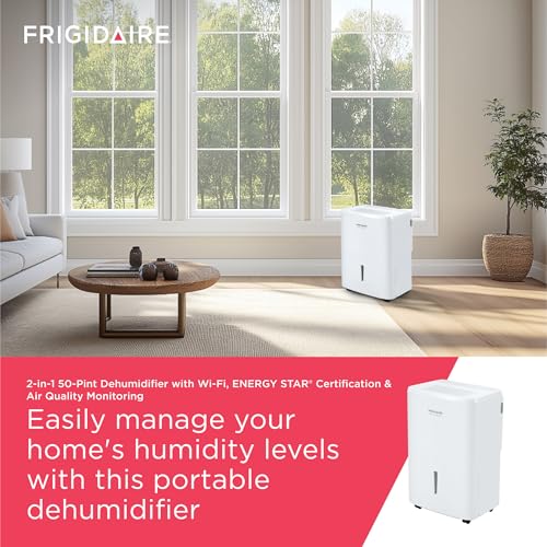 Frigidaire 50-Pint Portable Dehumidifier with Wi-Fi and Energy Star Certification for Medium/Large Rooms & Basements, Custom Humidity Control