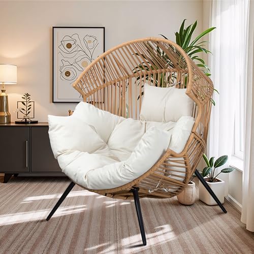 Shintenchi Wicker Egg Chair Outdoor Rattan Patio Chair with Cushion,Oversized Patio Lounge Chairs with Cushion Egg Basket Chair