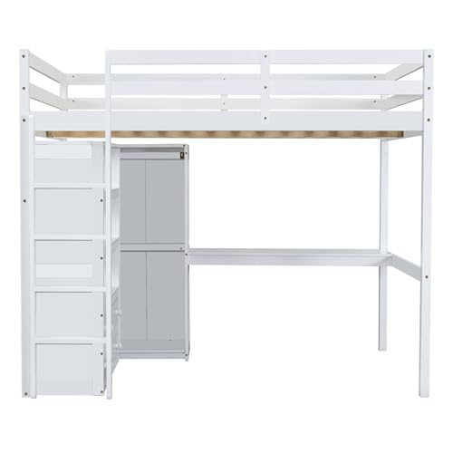 Harper & Bright Designs Full Size Loft Bed with Desk & Wardrobe, Wood Full Loft Bunk Bed with Storage Shelves and Drawers, No Box Spring Needed,White