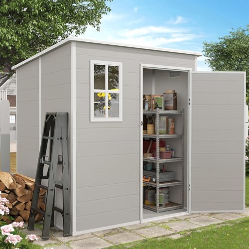 Outdoor Storage Shed, 6x6 FT Resin Shed with Floor and Lockable Door, Window, Vents, Tool Sheds and Outdoor Storage for Bike, Garden Accessories