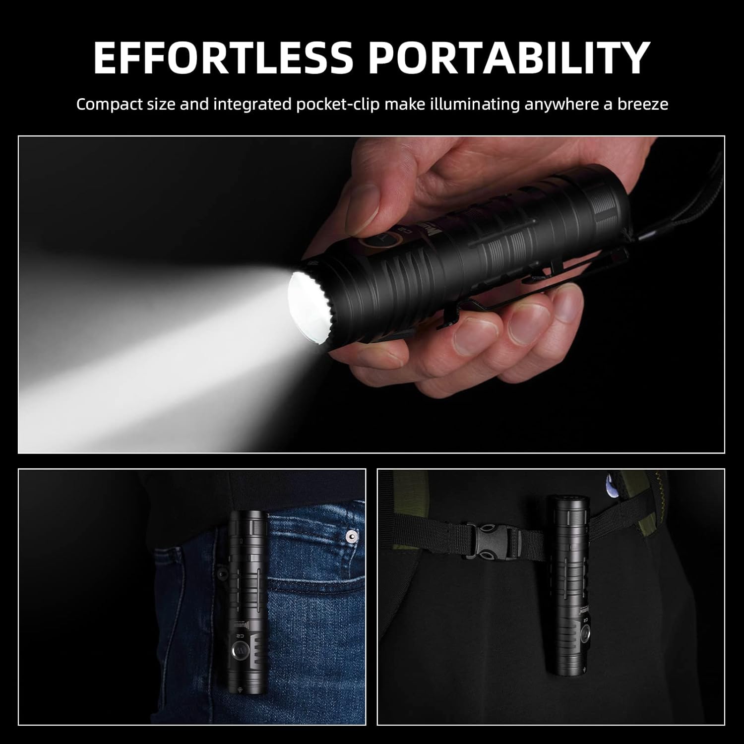 WUBEN C2 Rechargeable Flashlight 2000 High Lumens,Pocket Flashlight with Lanyard,7 Modes Flash Light,Type-c USB-A Dual Interface