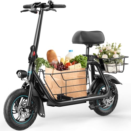 Electric Scooter with Seat, 550W Motor,18.6MPH Top Speed, 20 Miles Range,Adults Electric Scooter with Large Storage Basket for Pets Dogs and Items