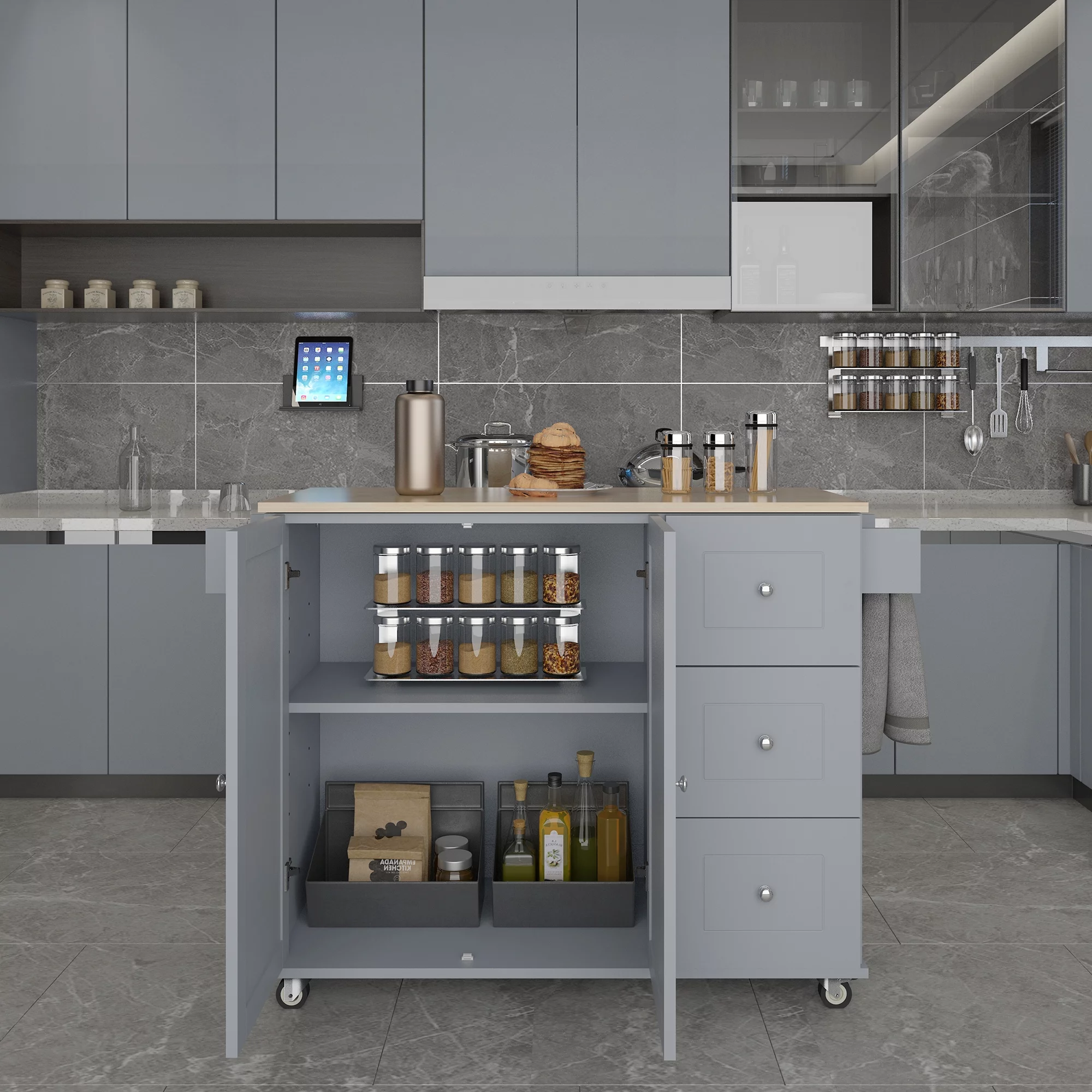 ikayaa Rolling Mobile Kitchen Island with Solid Wood and Locking Wheels，52.7 Inch Width，Storage Cabinet and Drop Breakfast Bar，Spice Rack