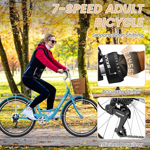 MOONCOOL Womens Bike 7 Speed, 24 26 inch Beach Cruiser Bikes for Women, Step Through Adult Bicycle with Front Basket for City Commuting