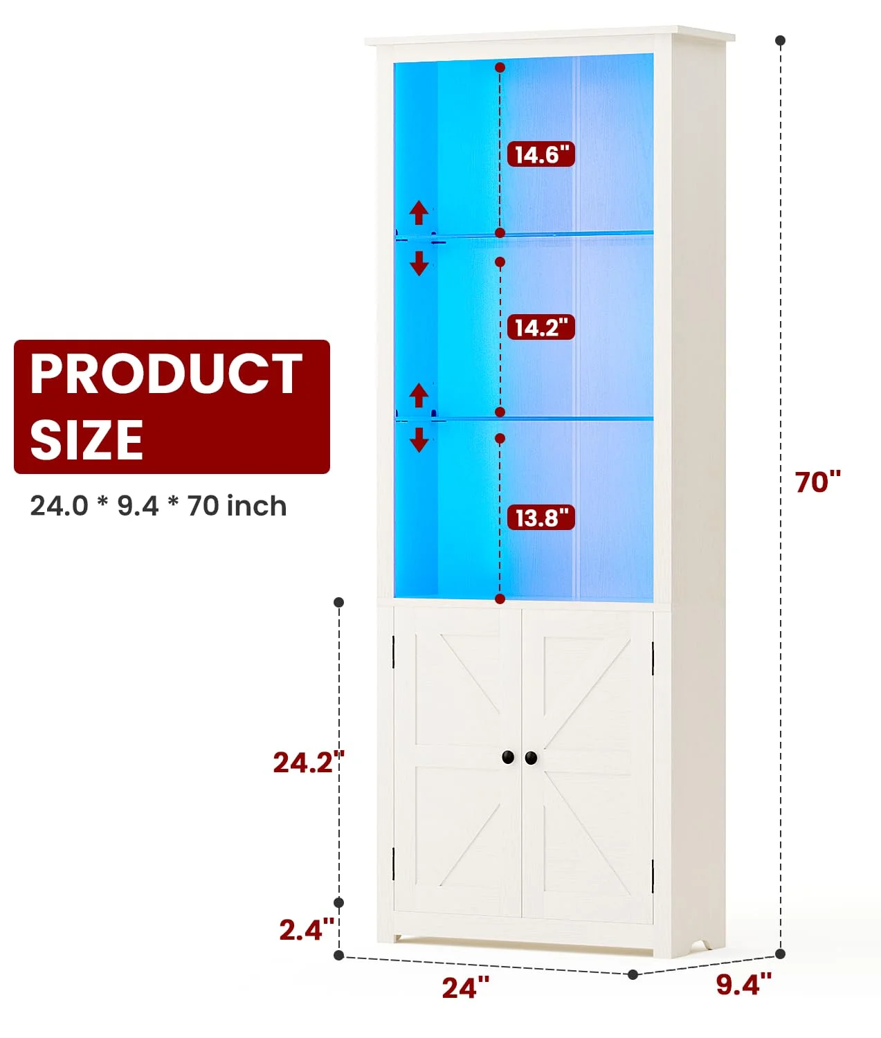 LGHM Bookshelf with LED Light Strip, 70" Tall Sturdy Wood 5-Shelf Bookcase with Adjustable Tempered Glass Shelves, Doors for Home Office, Living Room
