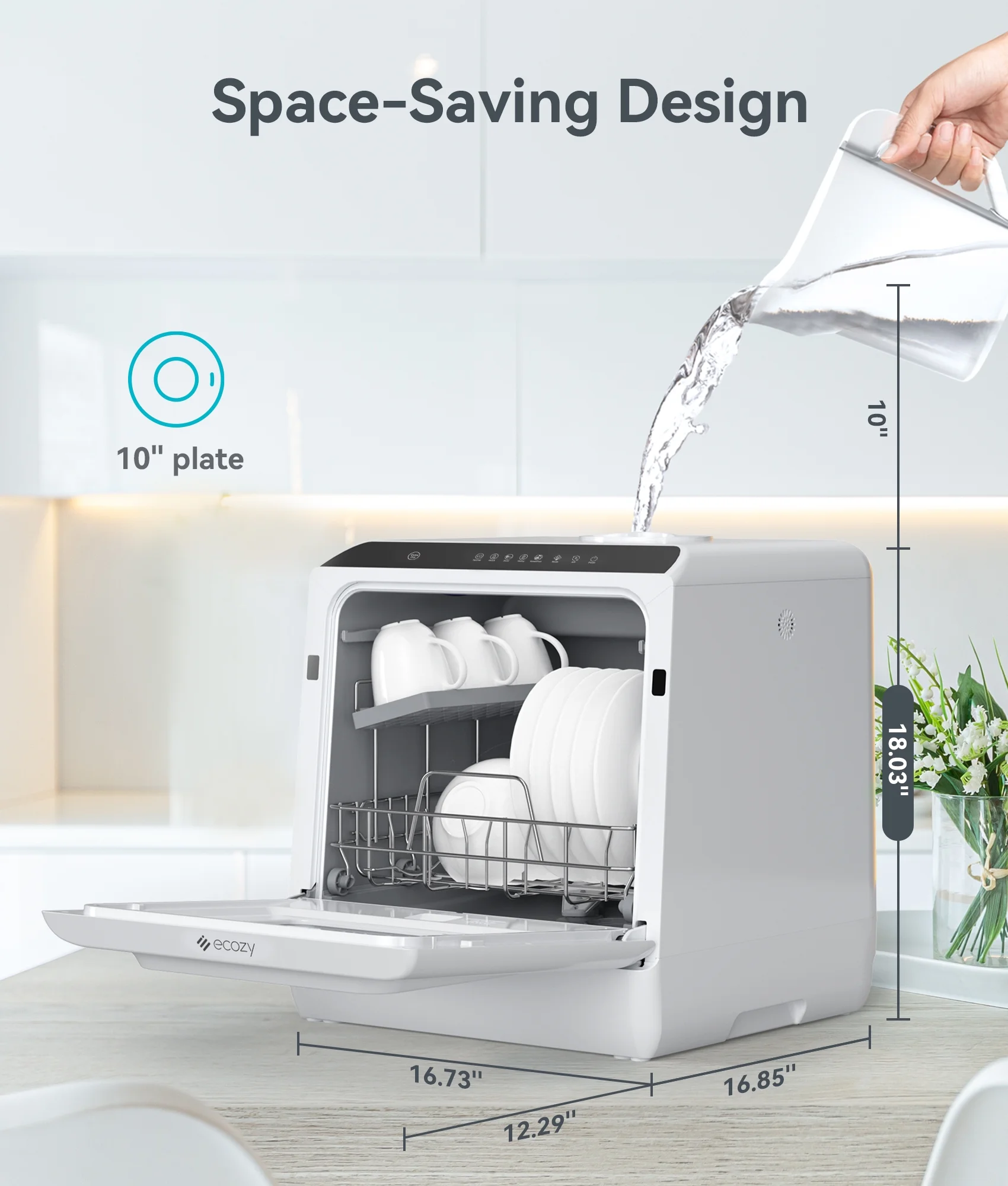 ecozy Countertop Dishwasher Portable with a Built-in 5L Water Tank, No Hookup Needed, 5 Washing Programs, Extra Dry Function, CT200A