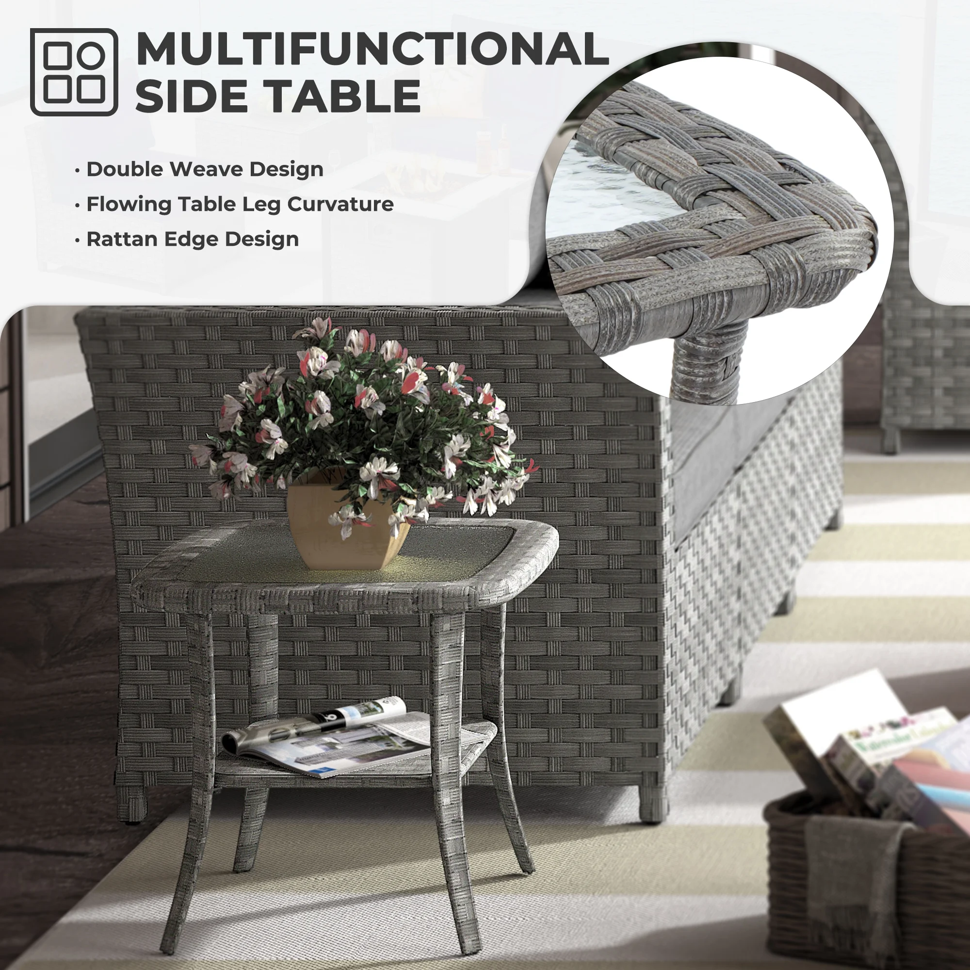 HOOOWOOO Wicker Sectional Patio Set 10 Pieces Outdoor Conversation furniture Set with Sofa Chairs Ottoman Gas Fire Pit Swivel Rocking Chairs,Grey