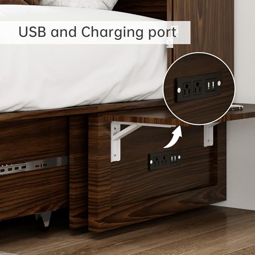 Murphy Bed Queen, Murphy Bed Cabinet with Charging Station, Large Storage Drawer and Shelves for Home Office or Guest Room, Warm White