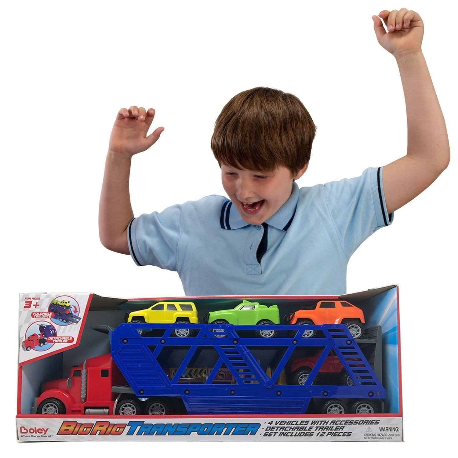 Boley 5-in-1 Big Rig Hauler Truck Carrier Toy Complete Trailer with Construction Signs and Monster Jam Trucks Great Toy for Boys
