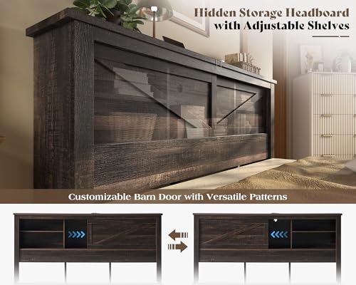 AMERLIFE 47.2" H King Bed Frame with Hidden Space Bookcase Headboard and Charging Station, Beds with 2 Storage Drawers and Wood Slats