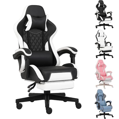 Gaming Chair, Computer Office Chair with Footrest, Linkage Armrests and Lumbar Support, High Back Ergonomic Gamer Chairs for Adults, Blue Fabric