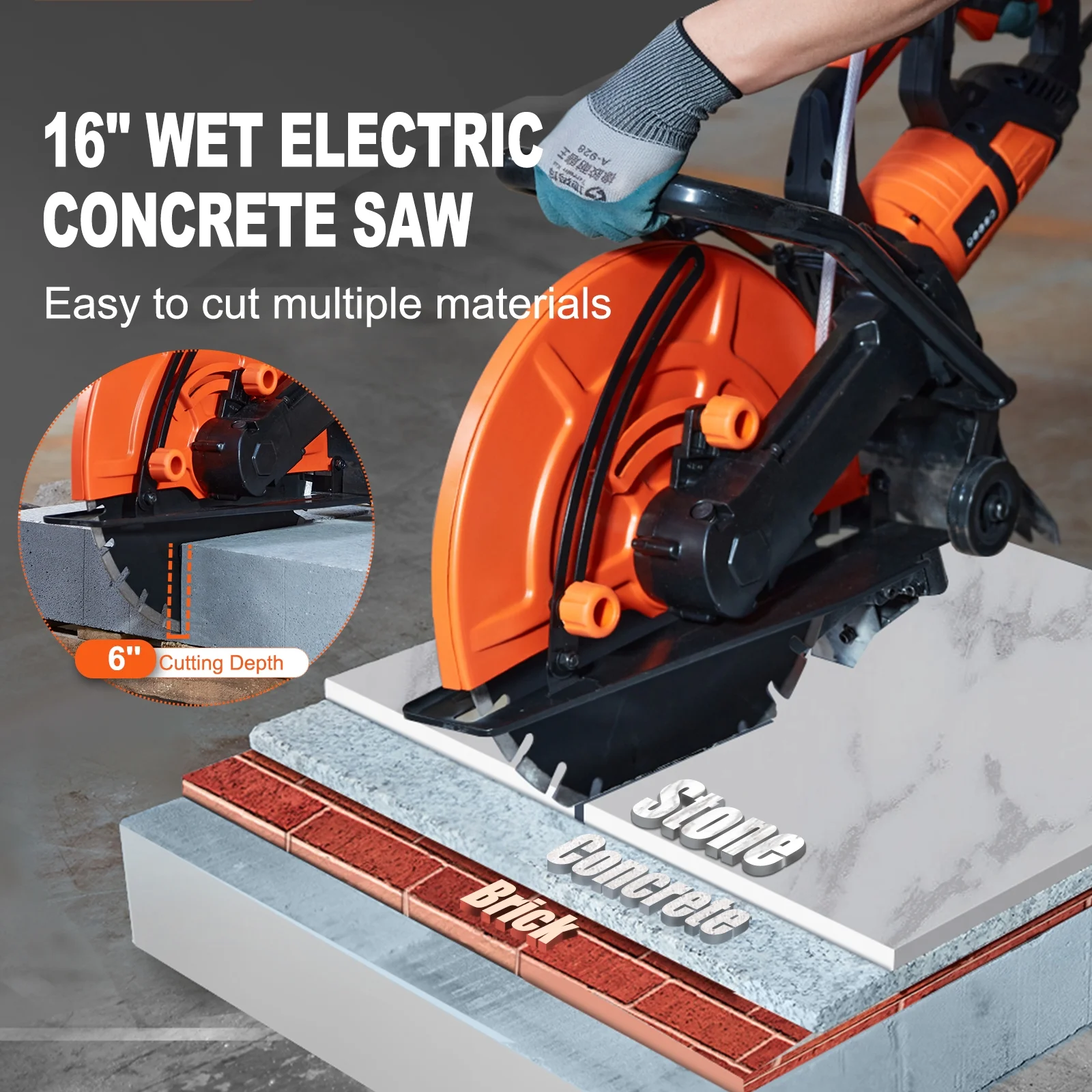 SKYSHALO 16'' Electric Concrete Saw Wet/Dry Saw Cutter with Water Pump and Blade