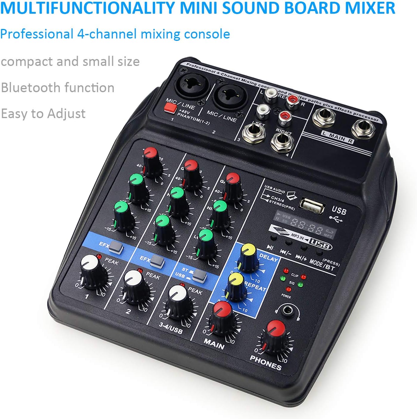 Ultra Low-Noise 4 Channels Audio Mixer - Sound Mixing Console Line Mixer with Sound Card and Built-in 48V Phantom Power for Home Music Production
