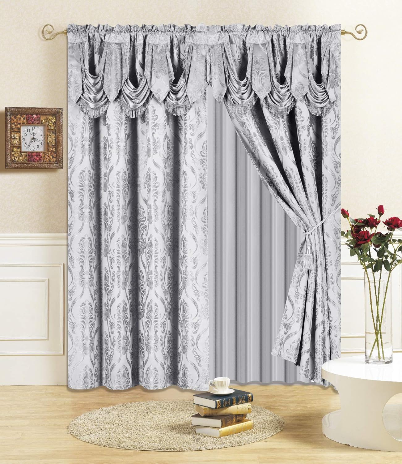 All American Collection New 4 Piece Drape Set with Attached Valance and Sheer with 2 Tie Backs Included (63" Length, Orange)
