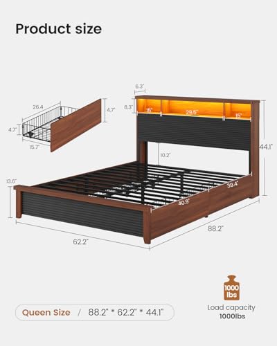 VIAGDO Wood Bed Frame Full Size with 4 Storage Drawers and Charging Station, Fluted Led Full Bed Frame with 2 Tier Storage Headboard