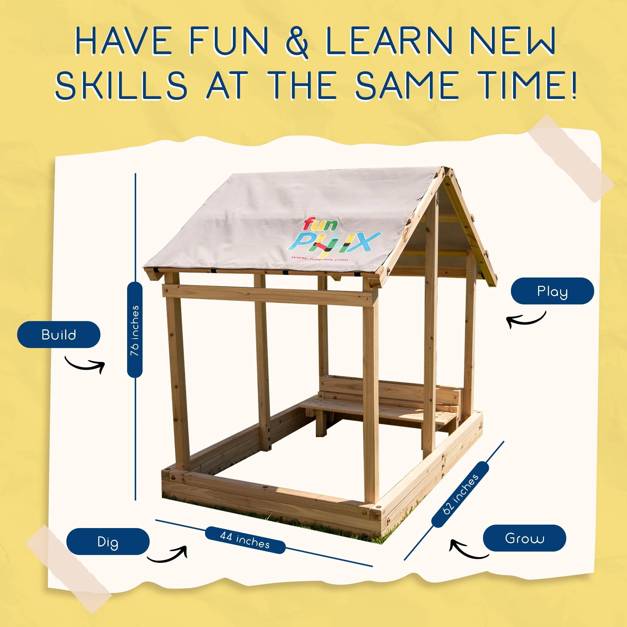 Kids Sandbox Outdoor Playset -Funphix Dig n Play Sandbox with Canopy, Bench, & Flower Planter