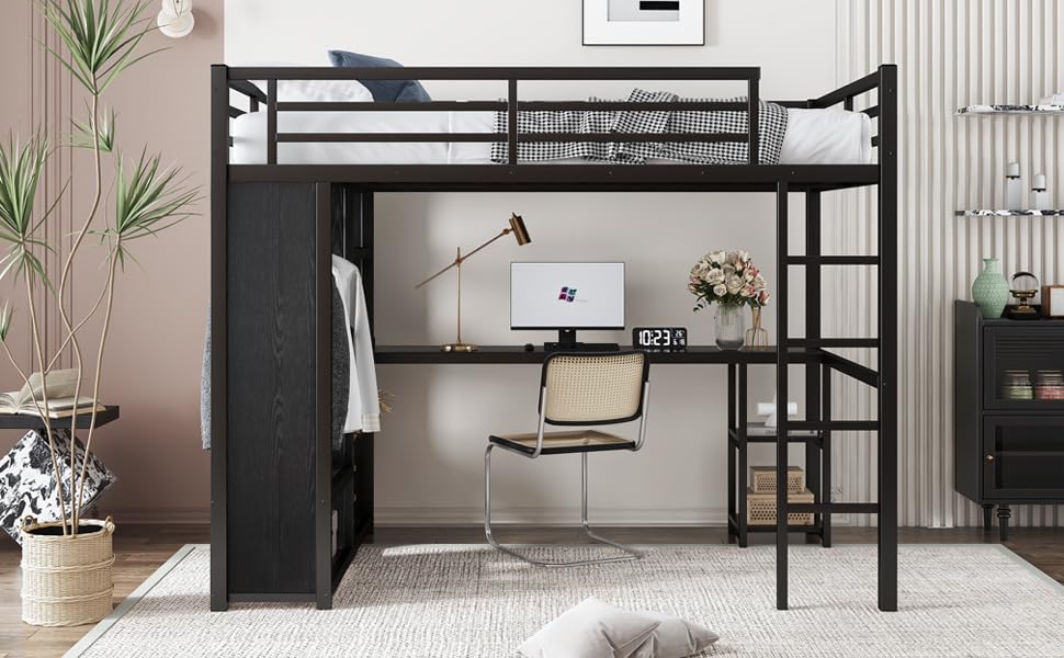 Bellamave Metal Loft Bed with Wardrobe and L-Shaped Desk, Full Size Loft Bed with Storage Cubes and Shelves, Heavy Duty LoftBed for Kids Teens Adults